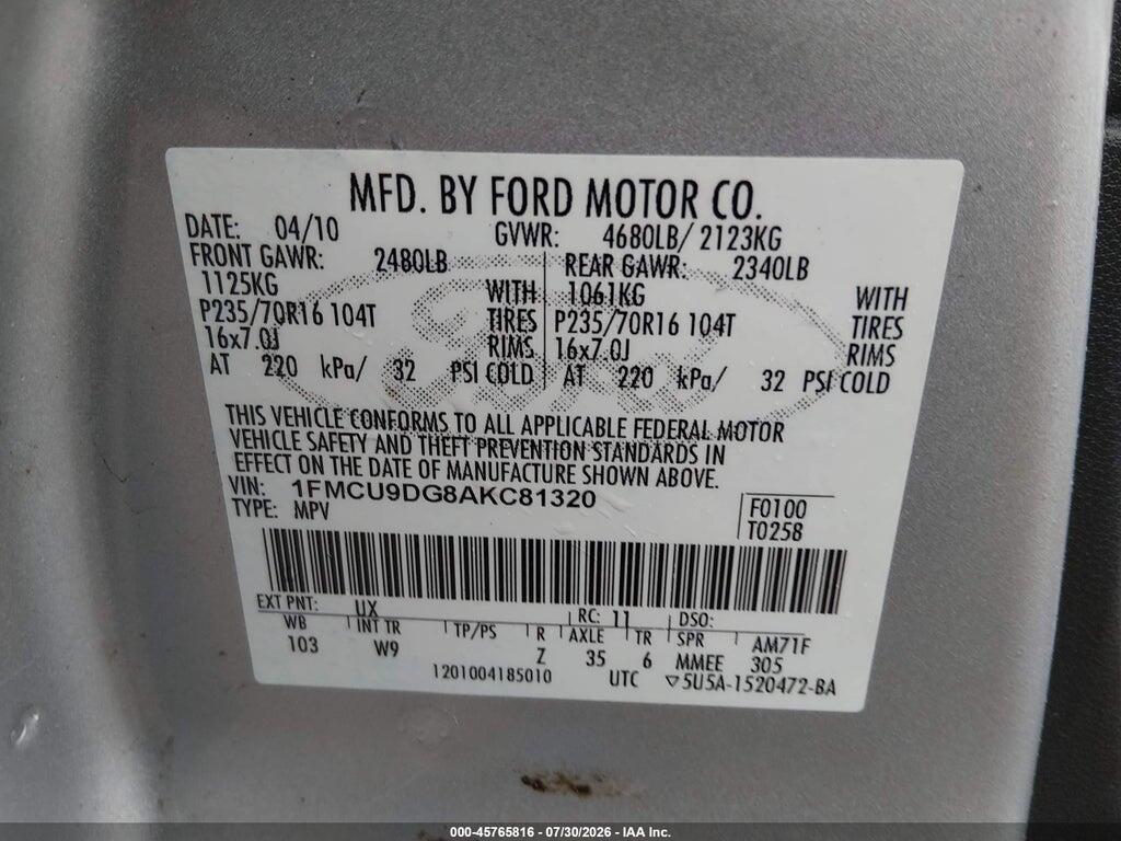 1FMCU9DG8AKC81320 2010 FORD ESCAPE photo no. 9