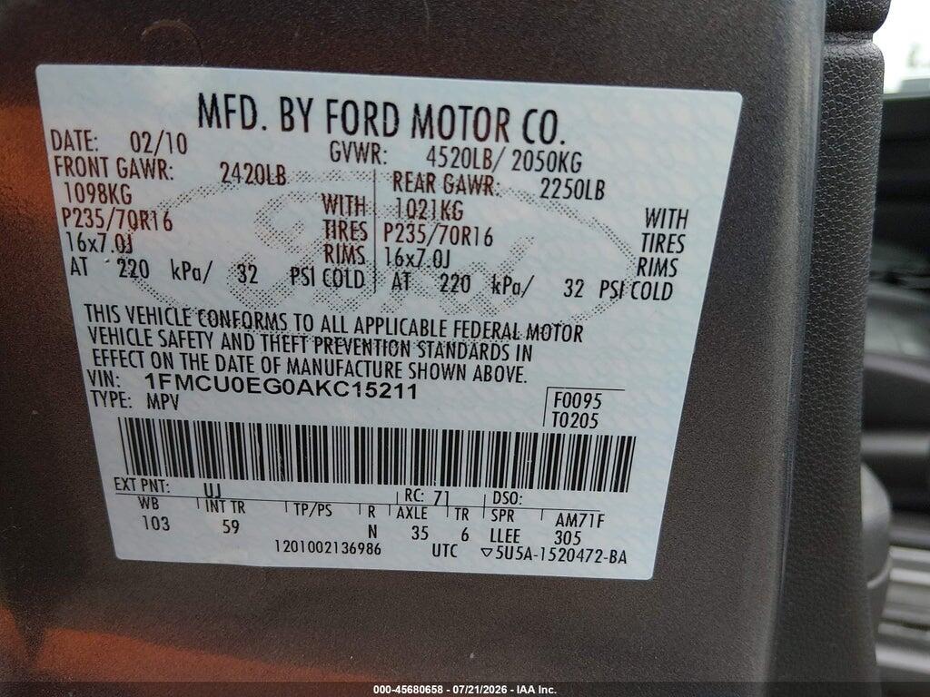 1FMCU0EG0AKC15211 2010 FORD ESCAPE photo no. 9