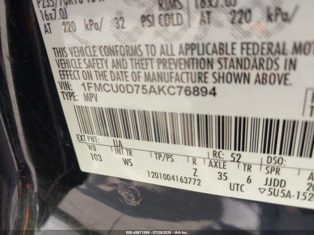 1FMCU0D75AKC76894 2010 FORD ESCAPE photo no. 9