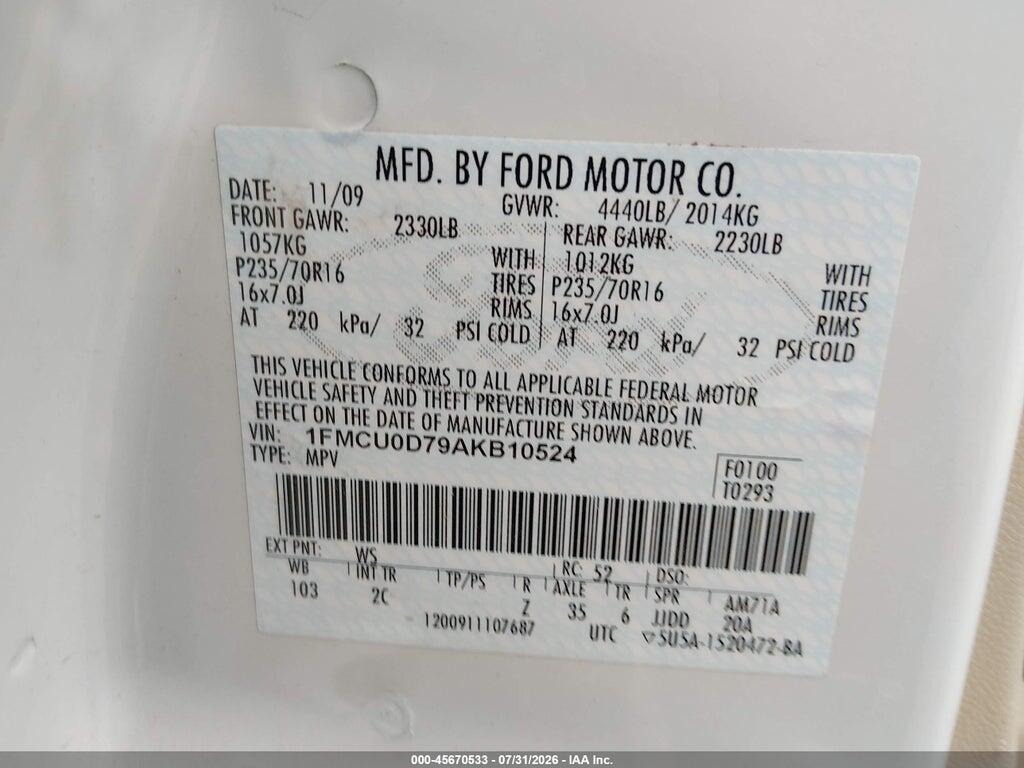 1FMCU0D79AKB10524 2010 FORD ESCAPE photo no. 9