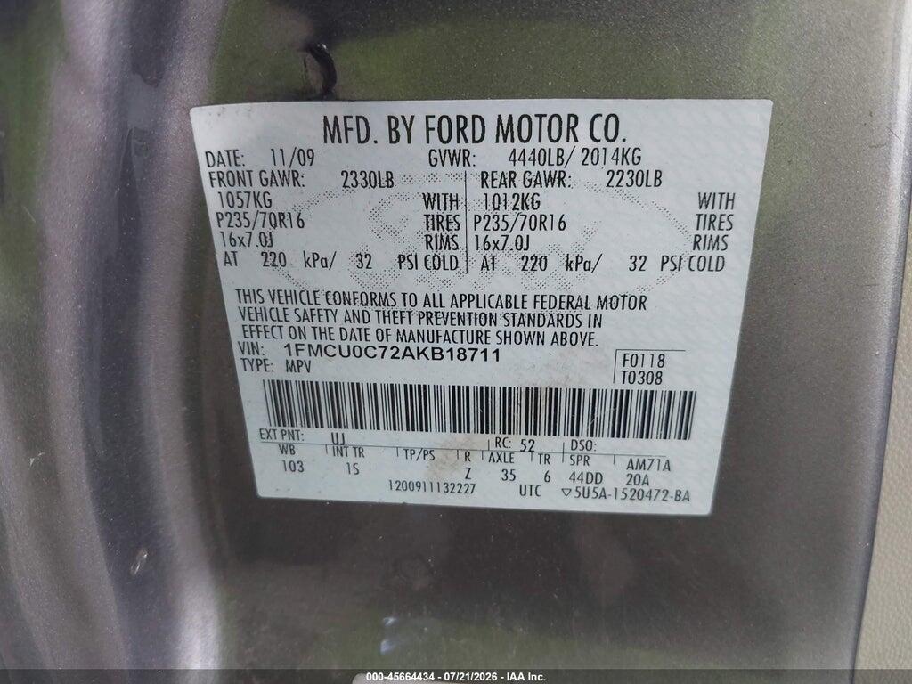 1FMCU0C72AKB18711 2010 FORD ESCAPE photo no. 9