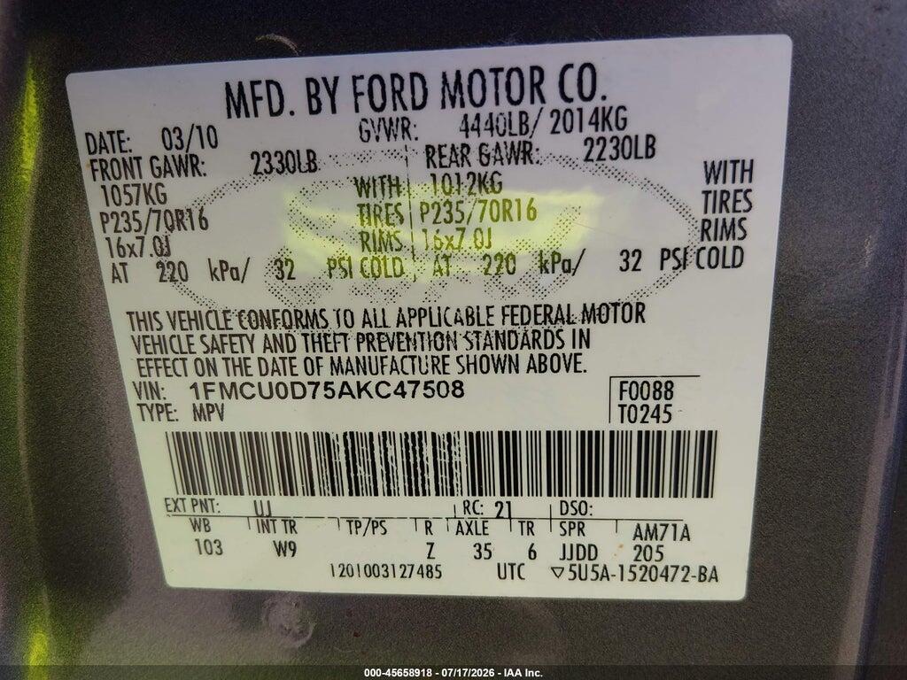 1FMCU0D75AKC47508 2010 FORD ESCAPE photo no. 9