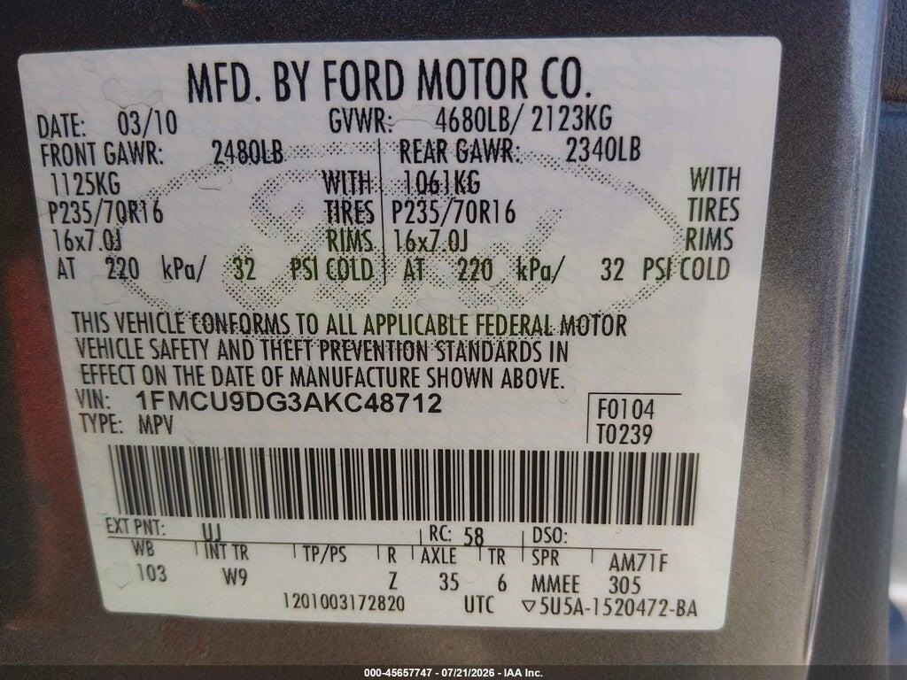 1FMCU9DG3AKC48712 2010 FORD ESCAPE photo no. 9