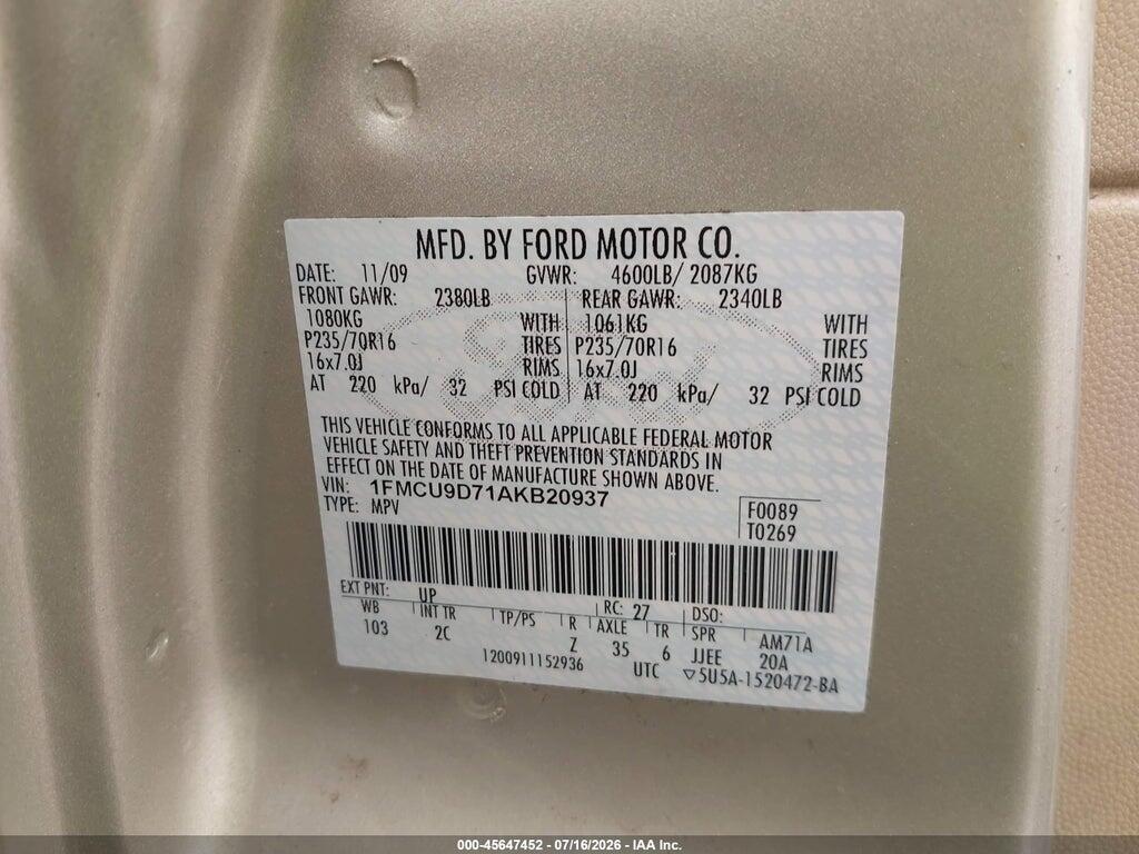 1FMCU9D71AKB20937 2010 FORD ESCAPE photo no. 9