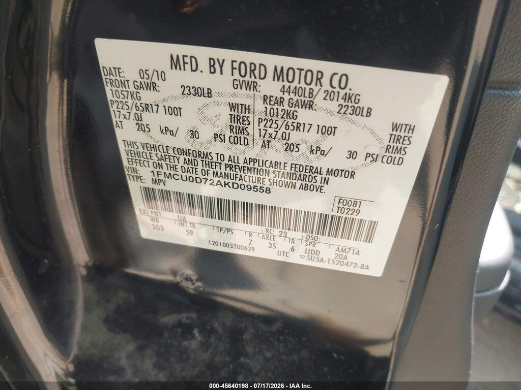1FMCU0D72AKD09558 2010 FORD ESCAPE photo no. 9