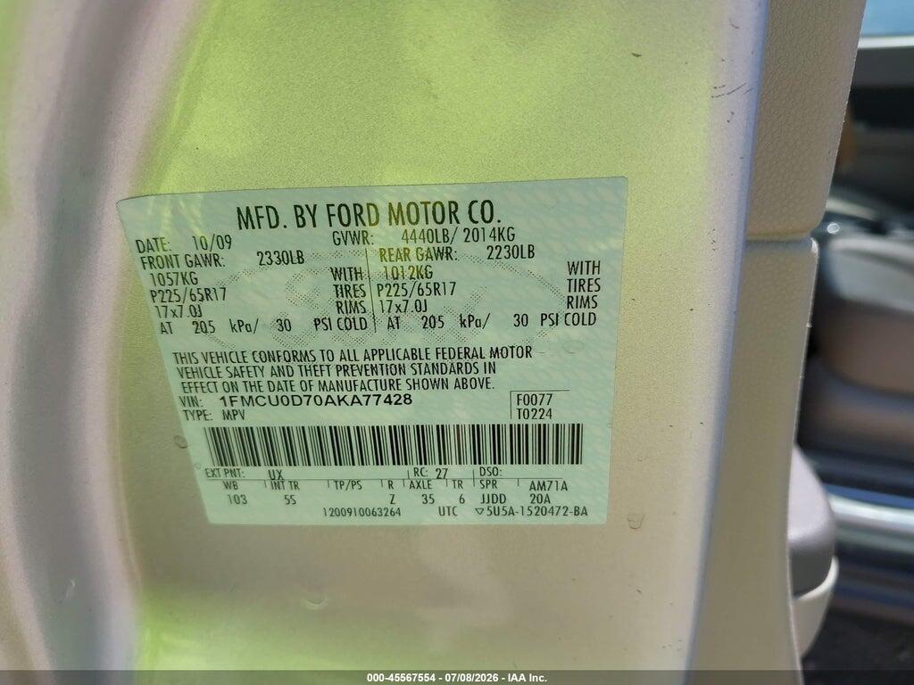 1FMCU0D70AKA77428 2010 FORD ESCAPE photo no. 9