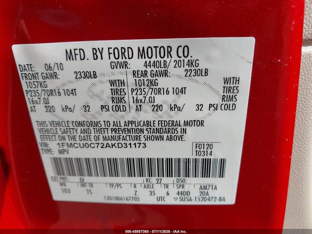 1FMCU0C72AKD31173 2010 FORD ESCAPE photo no. 9