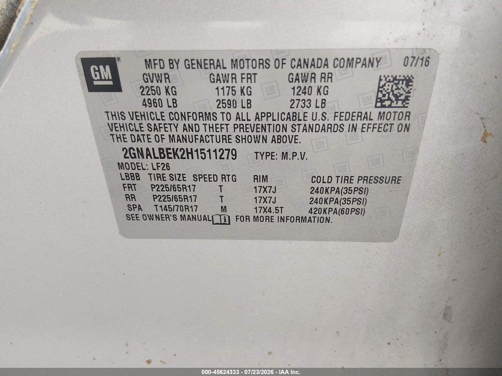 2GNALBEK2H1511279 2017 CHEVROLET EQUINOX photo no. 9
