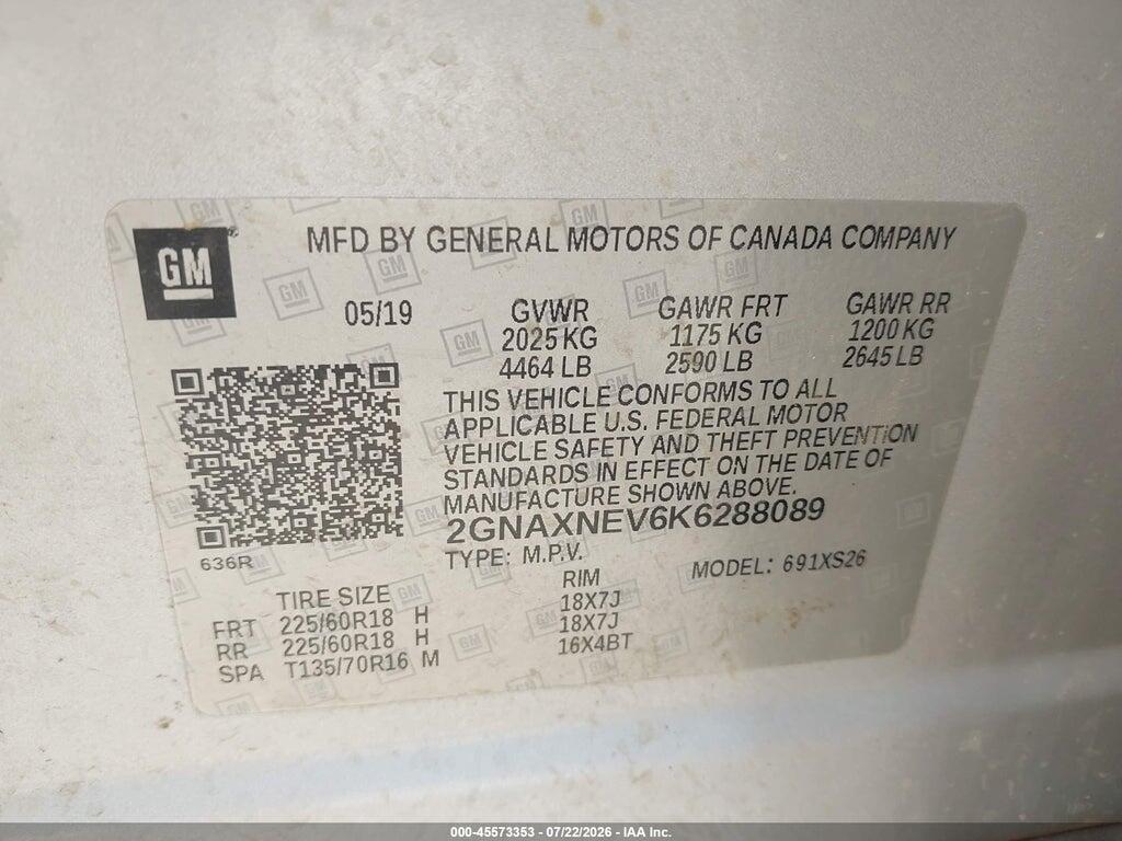 2GNAXNEV6K6288089 2019 CHEVROLET EQUINOX photo no. 9