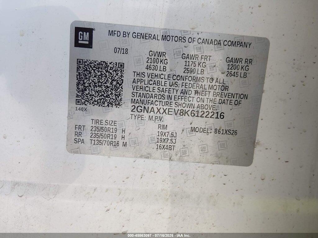 2GNAXXEV8K6122216 2019 CHEVROLET EQUINOX photo no. 9