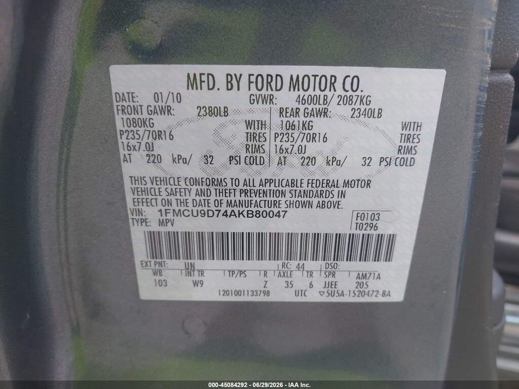 1FMCU9D74AKB80047 2010 FORD ESCAPE photo no. 9