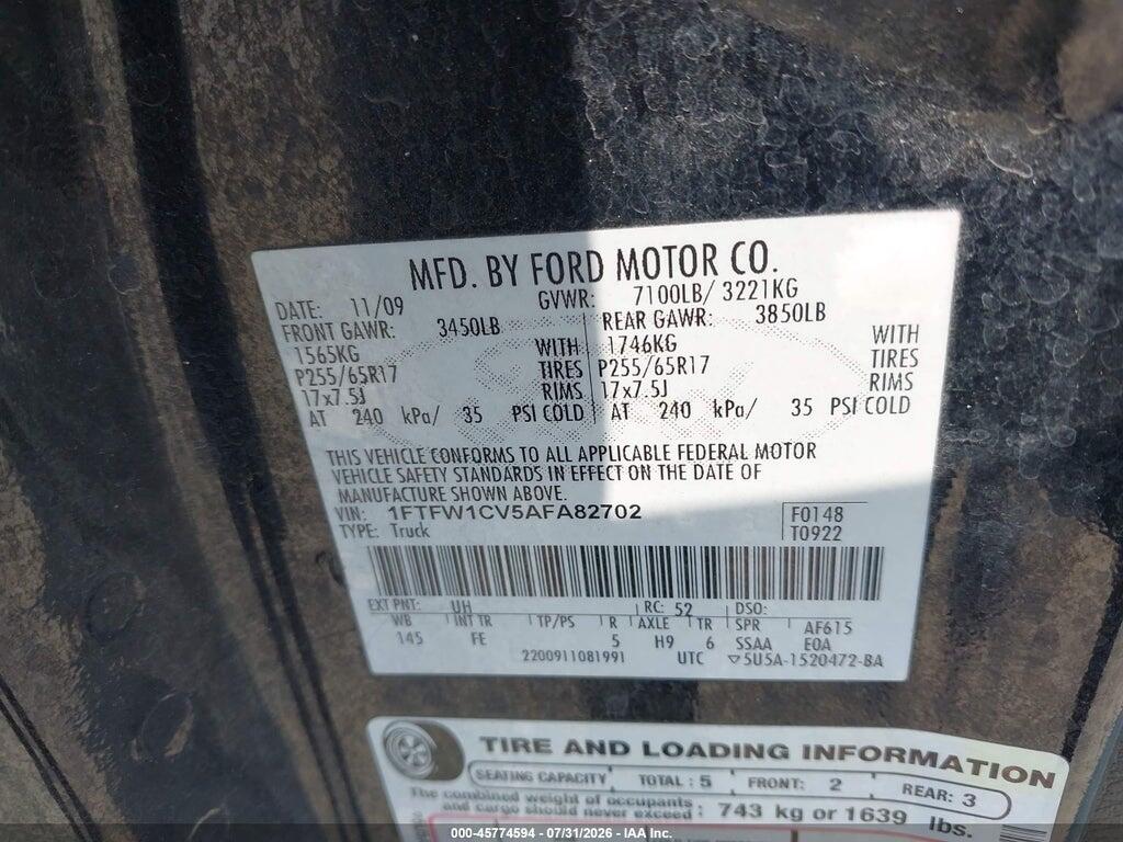 1FTFW1CV5AFA82702 2010 FORD F-150 photo no. 9