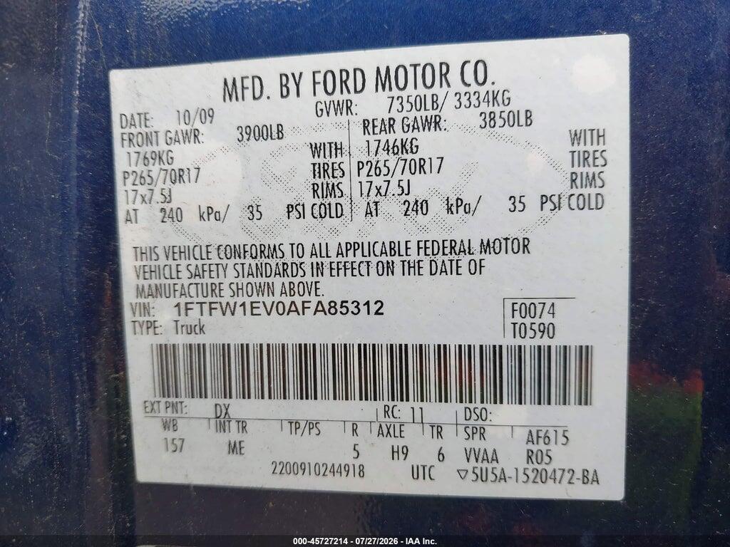 1FTFW1EV0AFA85312 2010 FORD F-150 photo no. 9