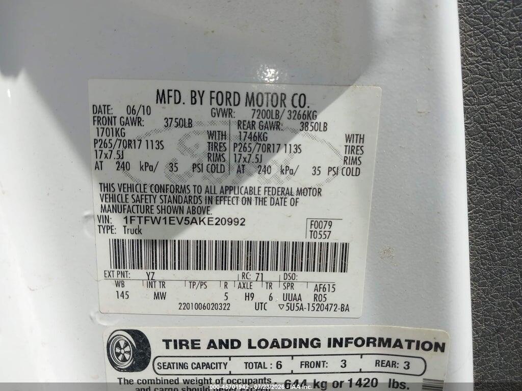 1FTFW1EV5AKE20992 2010 FORD F-150 photo no. 9