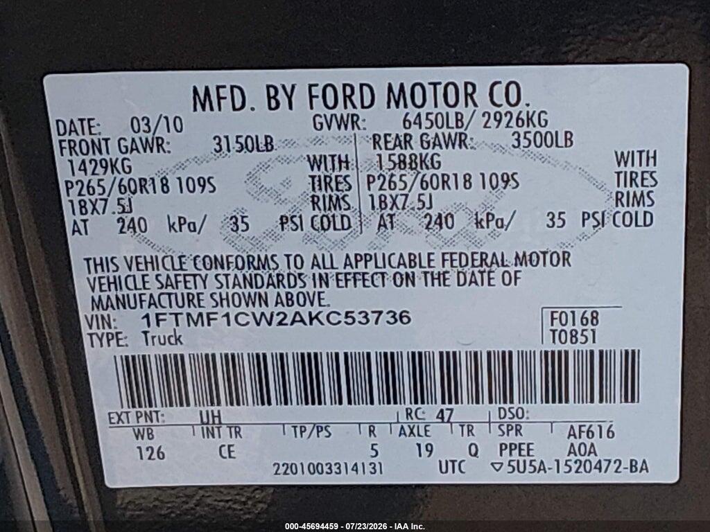 1FTMF1CW2AKC53736 2010 FORD F-150 photo no. 9