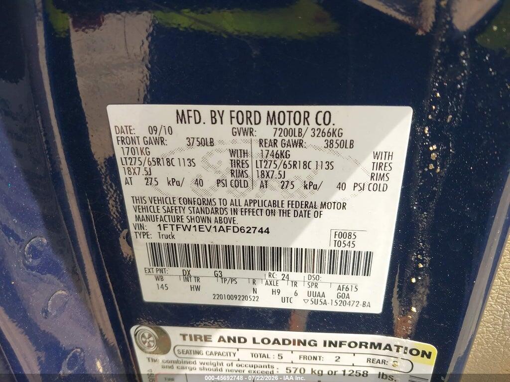 1FTFW1EV1AFD62744 2010 FORD F-150 photo no. 9