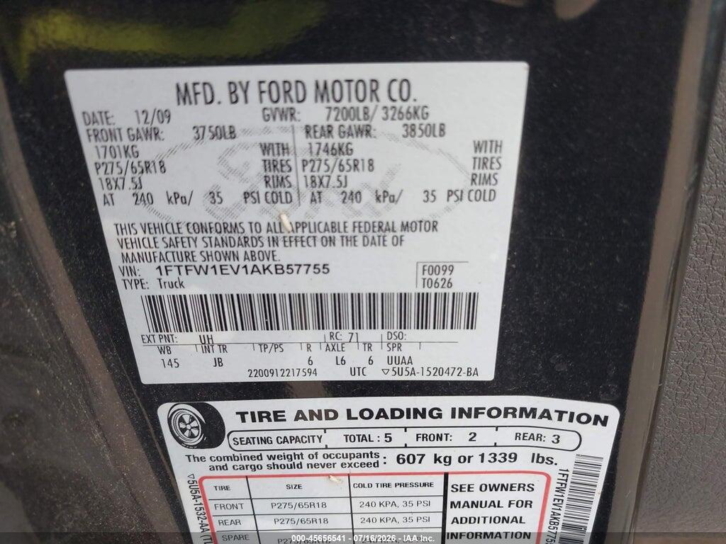 1FTFW1EV1AKB57755 2010 FORD F-150 photo no. 9