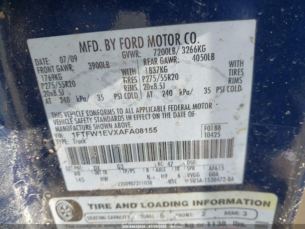 1FTFW1EVXAFA08155 2010 FORD F-150 photo no. 9