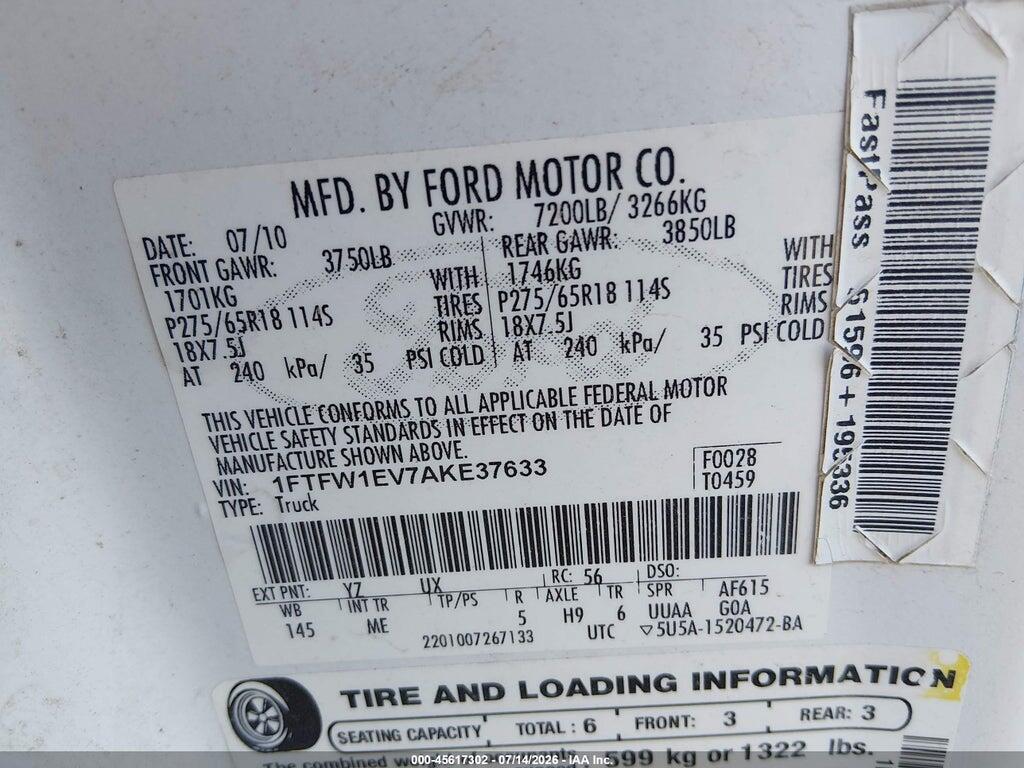 1FTFW1EV7AKE37633 2010 FORD F-150 photo no. 9