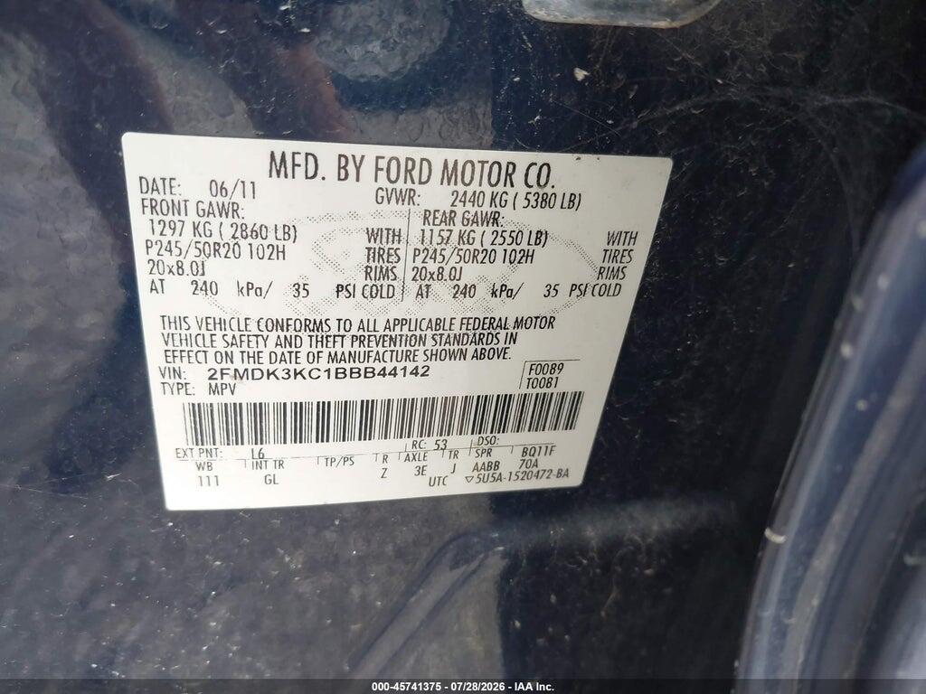 2FMDK3KC1BBB44142 2011 FORD EDGE photo no. 9