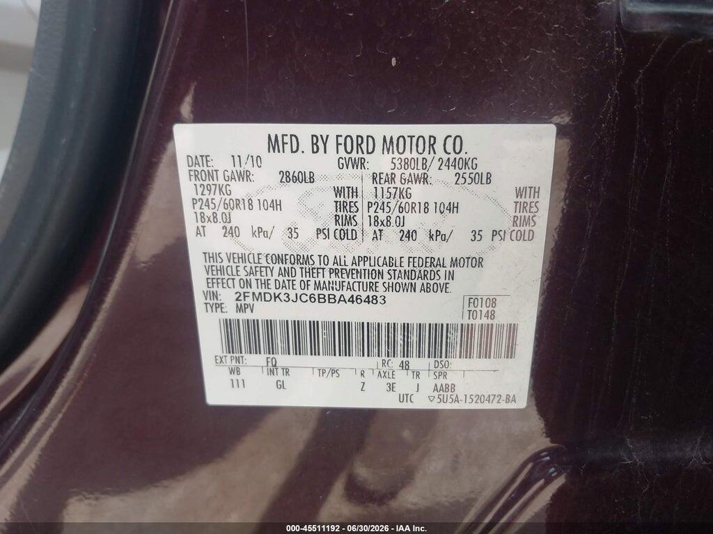 2FMDK3JC6BBA46483 2011 FORD EDGE photo no. 9