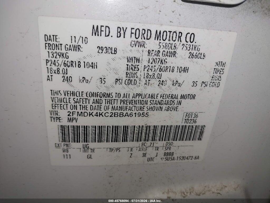 2FMDK4KC2BBA61955 2011 FORD EDGE photo no. 9