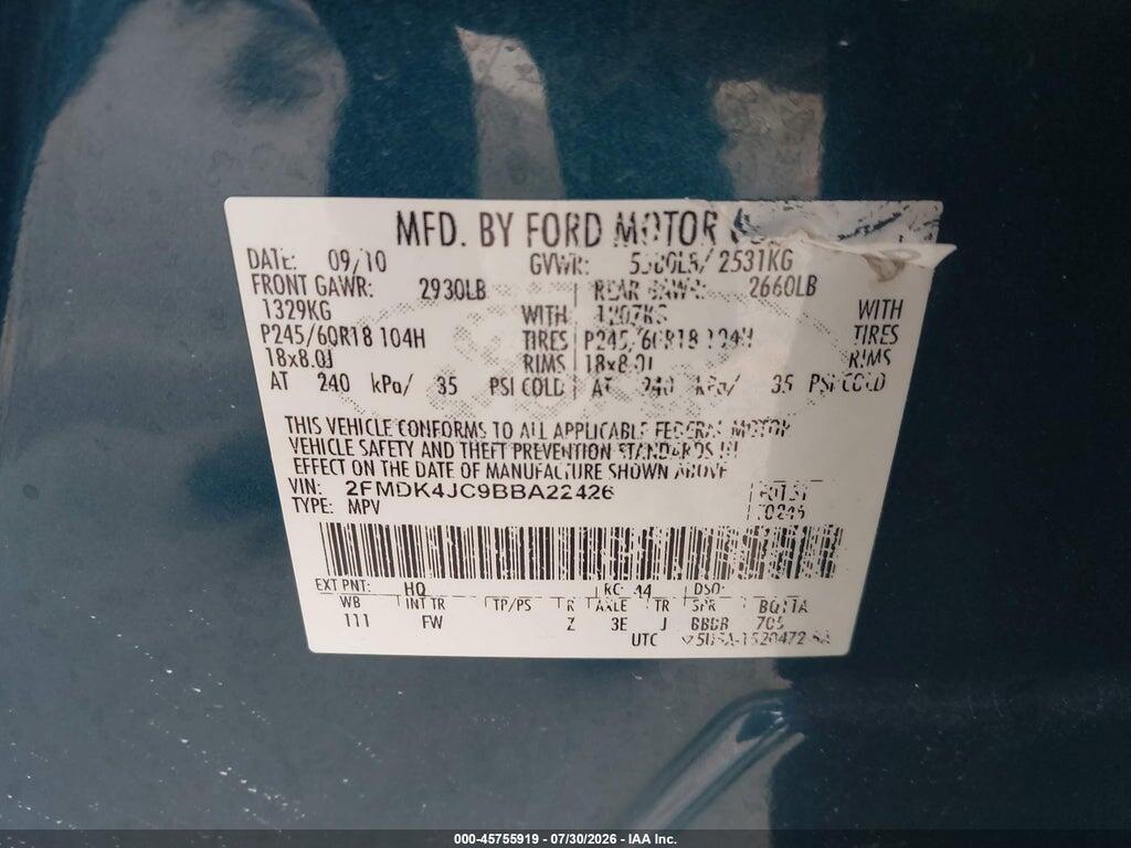 2FMDK4JC9BBA22426 2011 FORD EDGE photo no. 9
