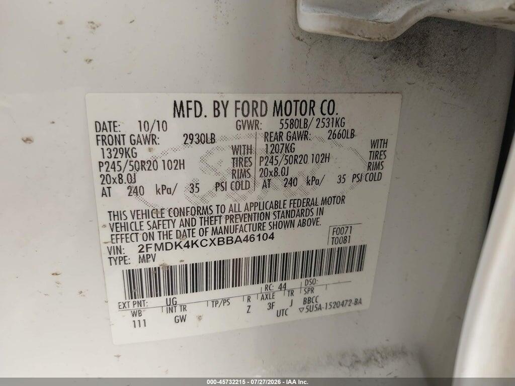 2FMDK4KCXBBA46104 2011 FORD EDGE photo no. 9