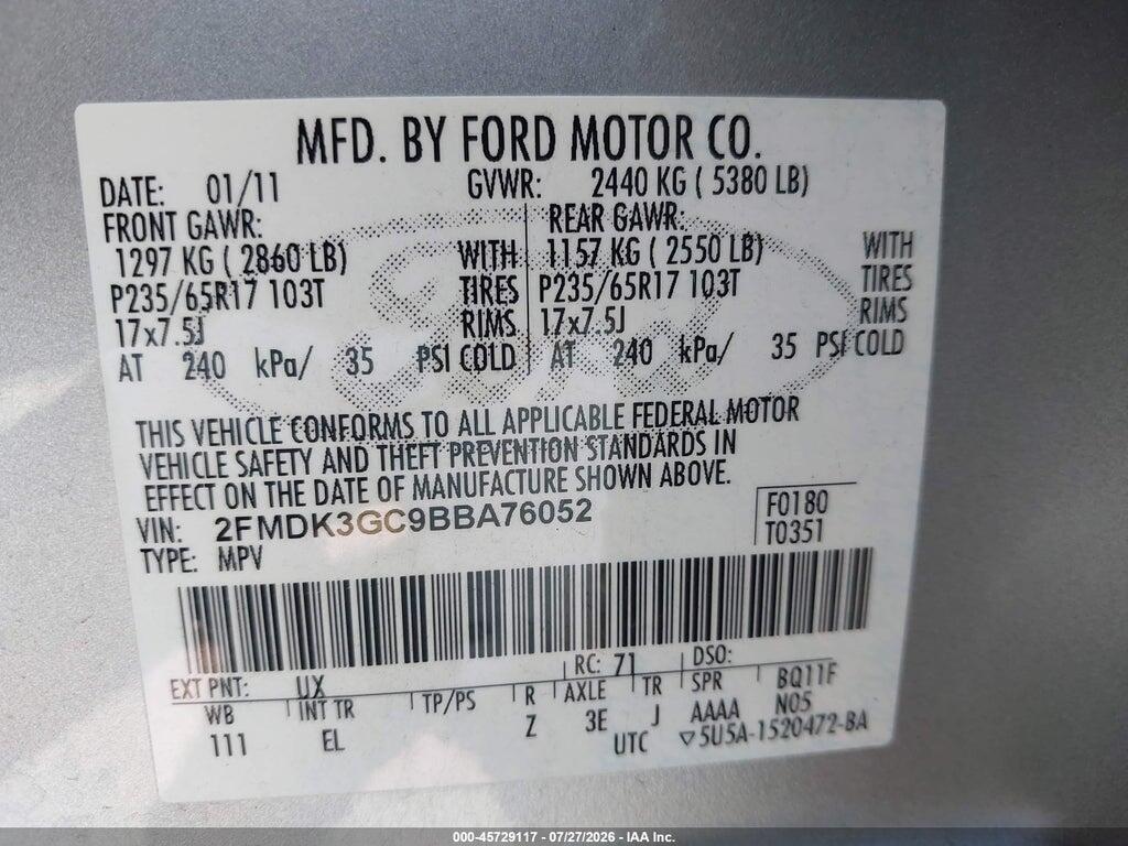 2FMDK3GC9BBA76052 2011 FORD EDGE photo no. 9