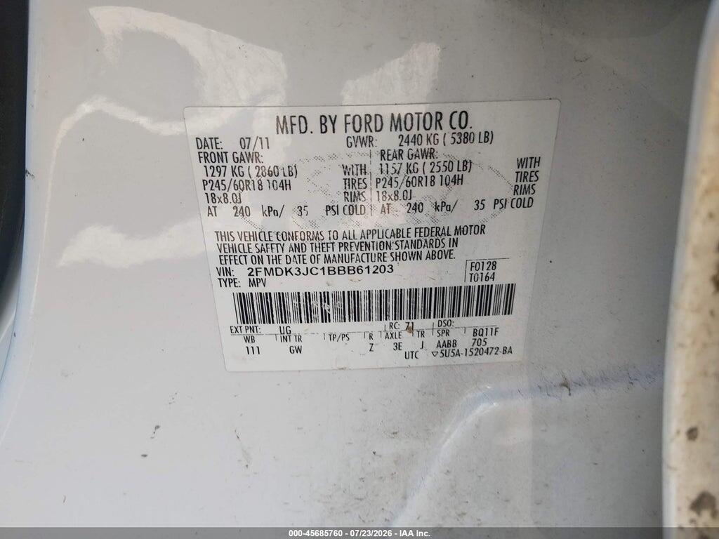 2FMDK3JC1BBB61203 2011 FORD EDGE photo no. 9