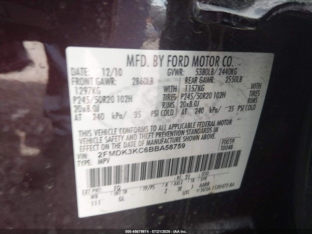 2FMDK3KC6BBA58759 2011 FORD EDGE photo no. 9