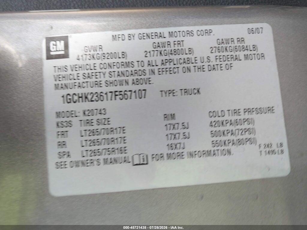 1GCHK23617F567107 2007 CHEVROLET SILVERADO 2500HD photo no. 9