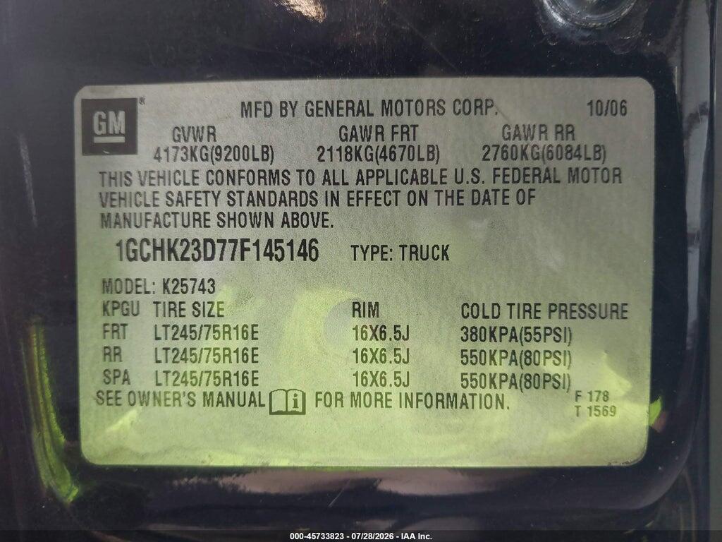 1GCHK23D77F145146 2007 CHEVROLET SILVERADO 2500HD CLASSIC photo no. 9