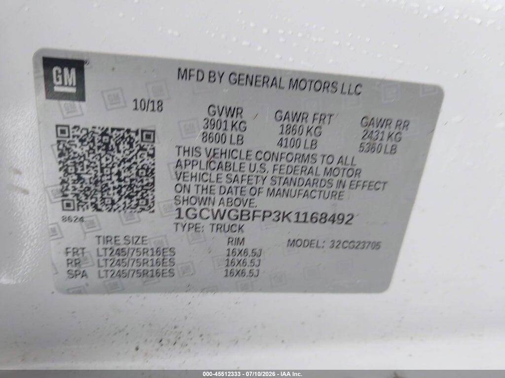 1GCWGBFP3K1168492 2019 CHEVROLET EXPRESS 2500 photo no. 9