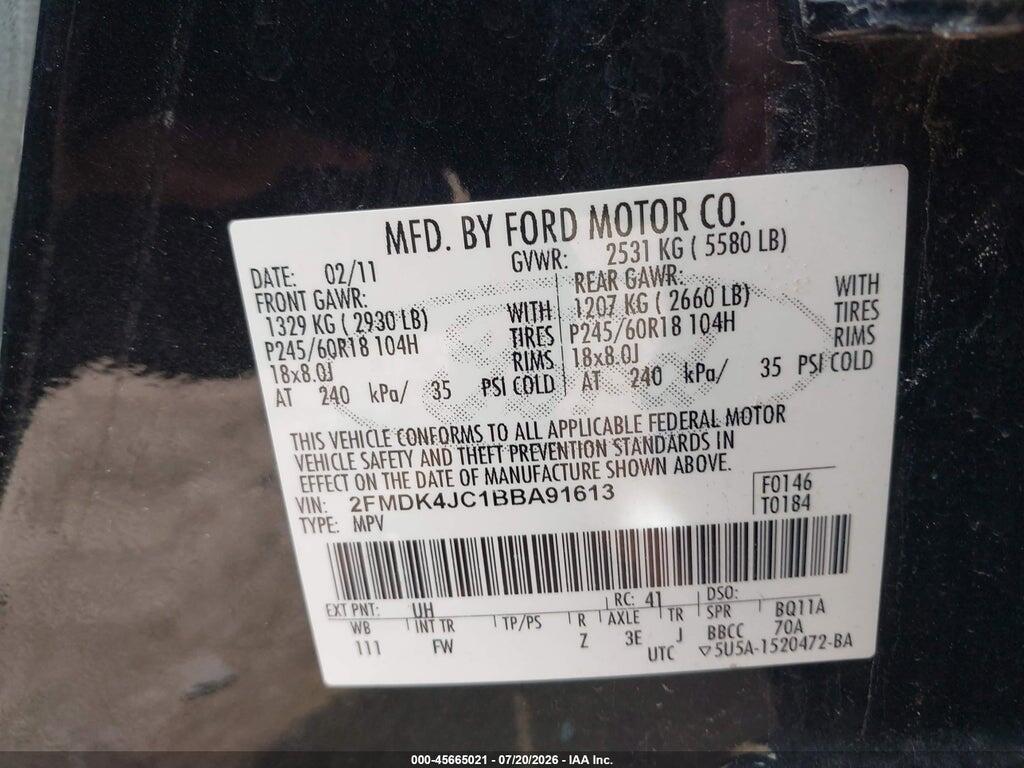 2FMDK4JC1BBA91613 2011 FORD EDGE photo no. 9