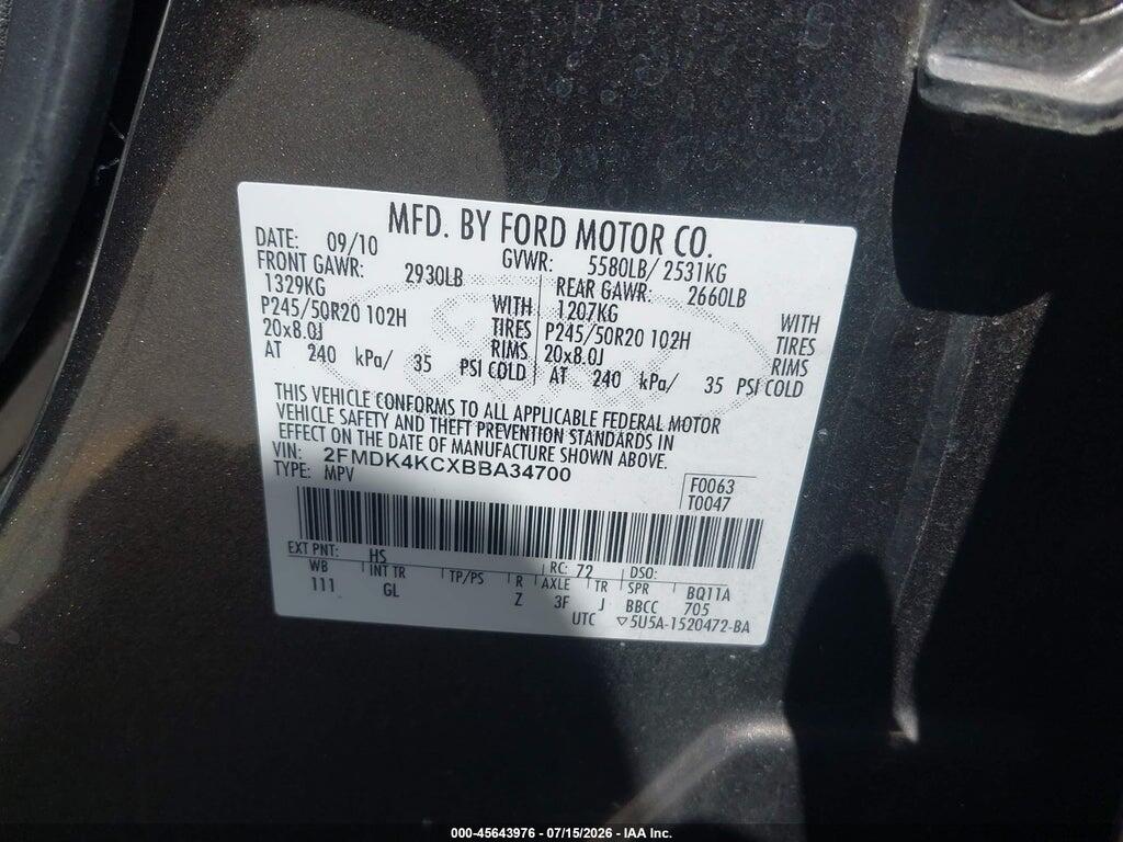 2FMDK4KCXBBA34700 2011 FORD EDGE photo no. 9