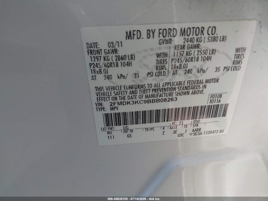 2FMDK3KC9BBB08263 2011 FORD EDGE photo no. 9