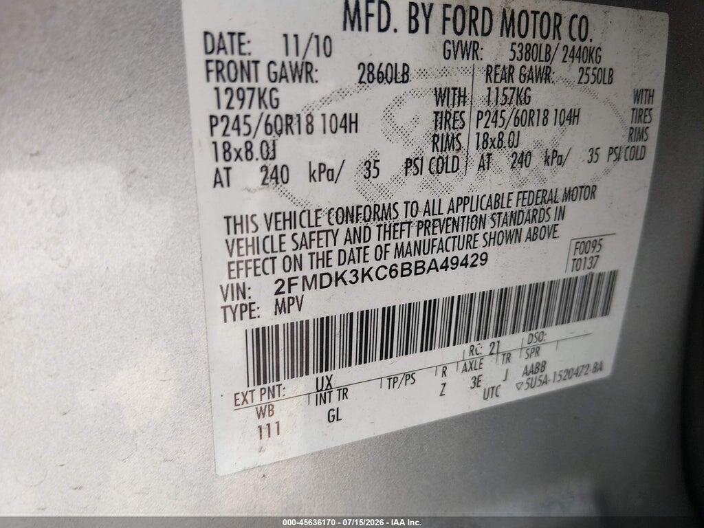 2FMDK3KC6BBA49429 2011 FORD EDGE photo no. 9