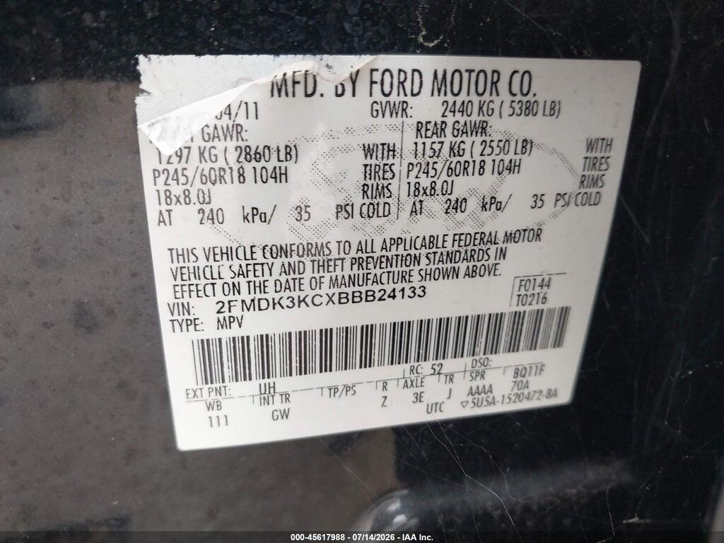 2FMDK3KCXBBB24133 2011 FORD EDGE photo no. 9