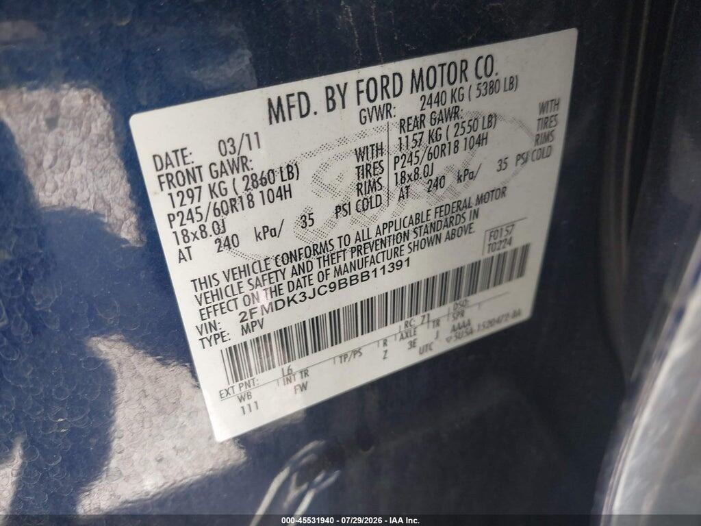 2FMDK3JC9BBB11391 2011 FORD EDGE photo no. 9