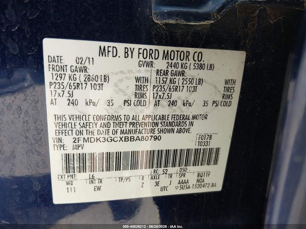 2FMDK3GCXBBA80790 2011 FORD EDGE photo no. 9