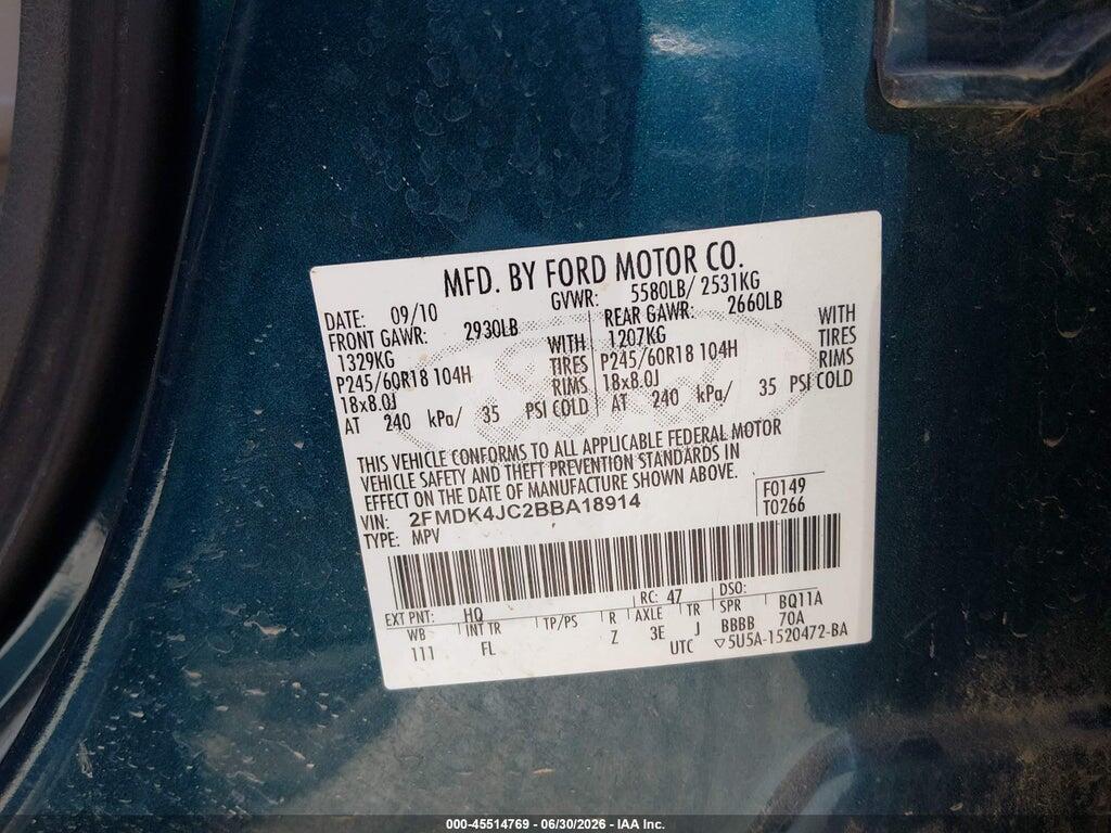 2FMDK4JC2BBA18914 2011 FORD EDGE photo no. 9