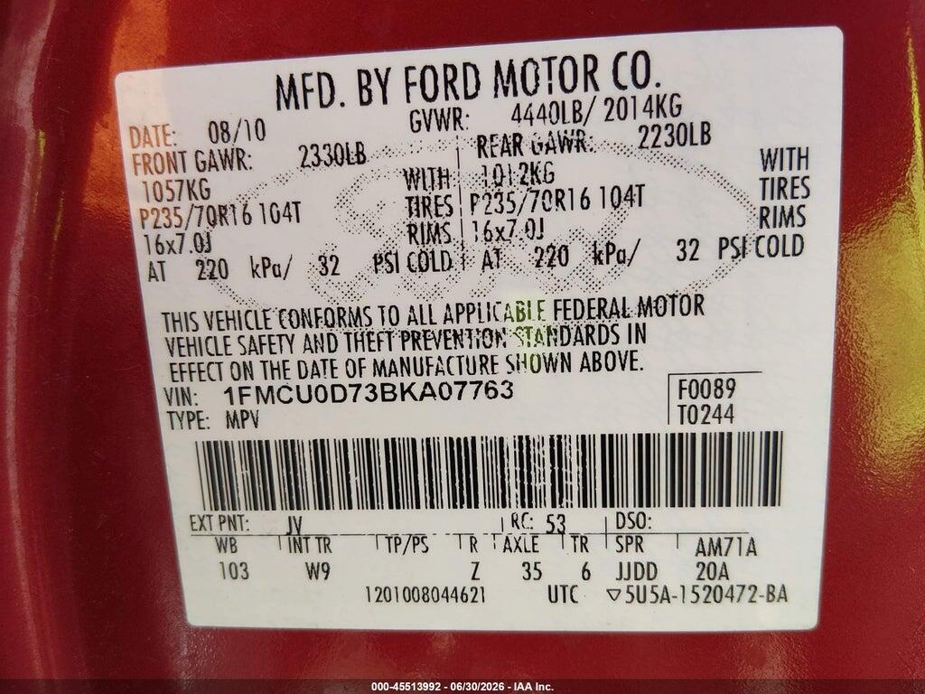 1FMCU0D73BKA07763 2011 FORD ESCAPE photo no. 9