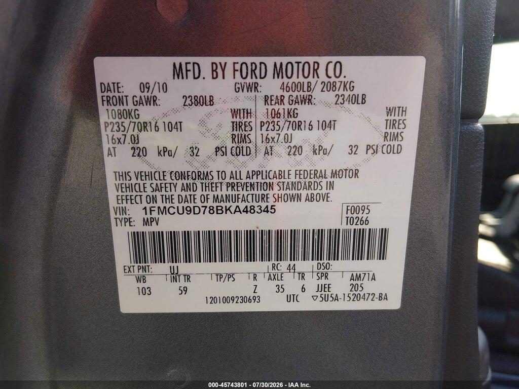 1FMCU9D78BKA48345 2011 FORD ESCAPE photo no. 9