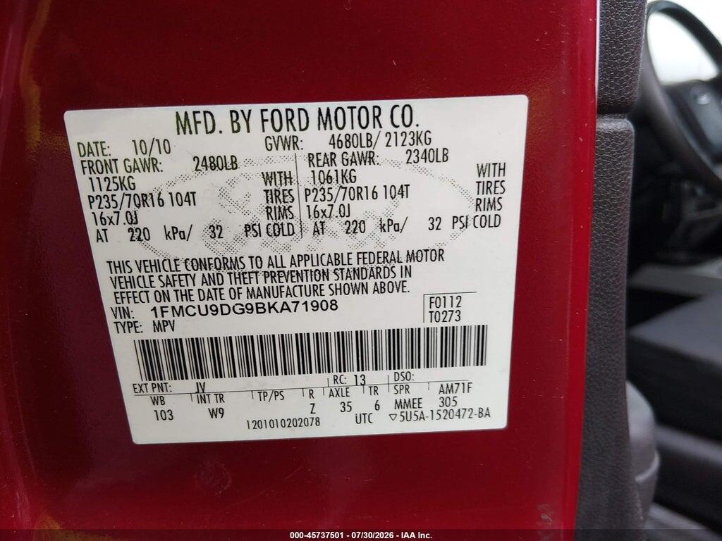 1FMCU9DG9BKA71908 2011 FORD ESCAPE photo no. 9