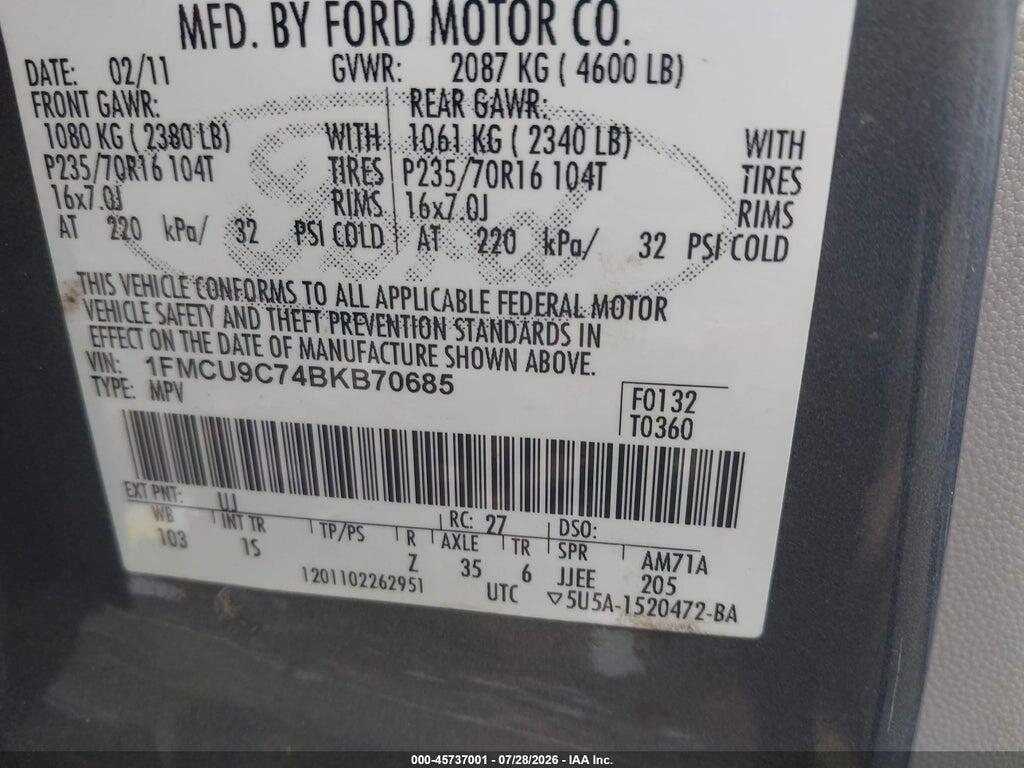 1FMCU9C74BKB70685 2011 FORD ESCAPE photo no. 9