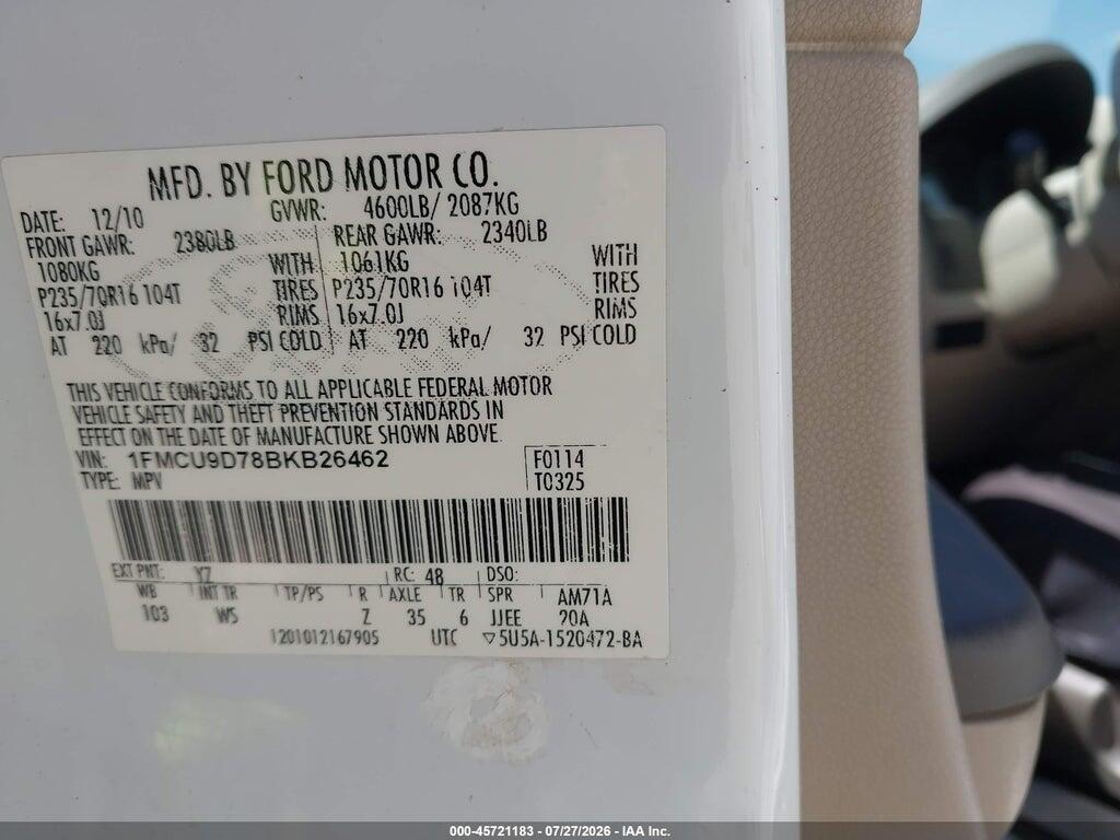 1FMCU9D78BKB26462 2011 FORD ESCAPE photo no. 9