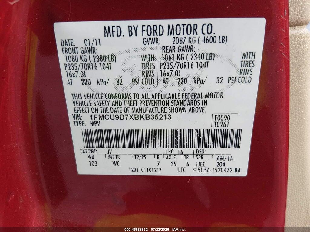 1FMCU9D7XBKB35213 2011 FORD ESCAPE photo no. 9