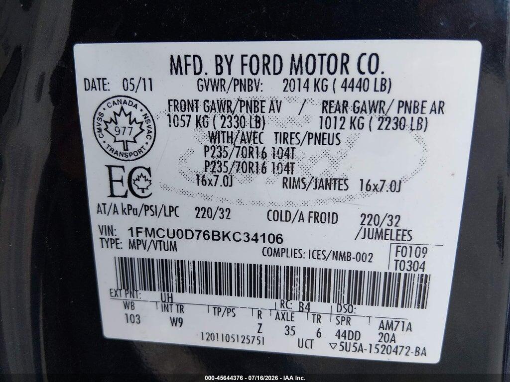 1FMCU0D76BKC34106 2011 FORD ESCAPE photo no. 9