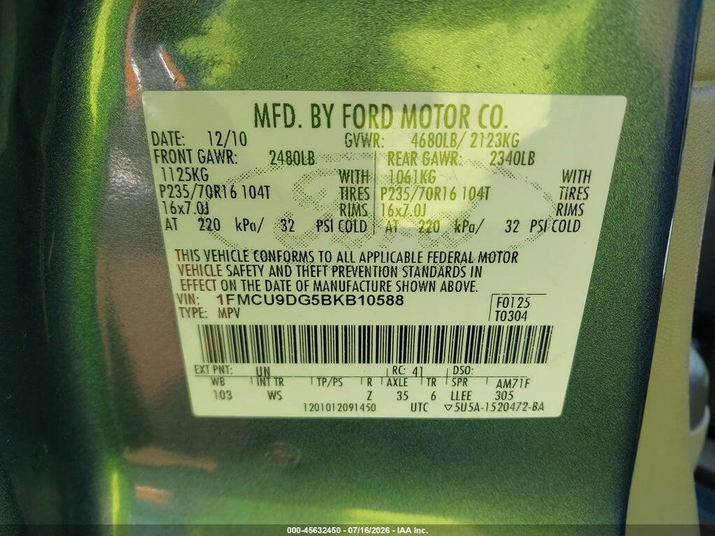 1FMCU9DG5BKB10588 2011 FORD ESCAPE photo no. 9
